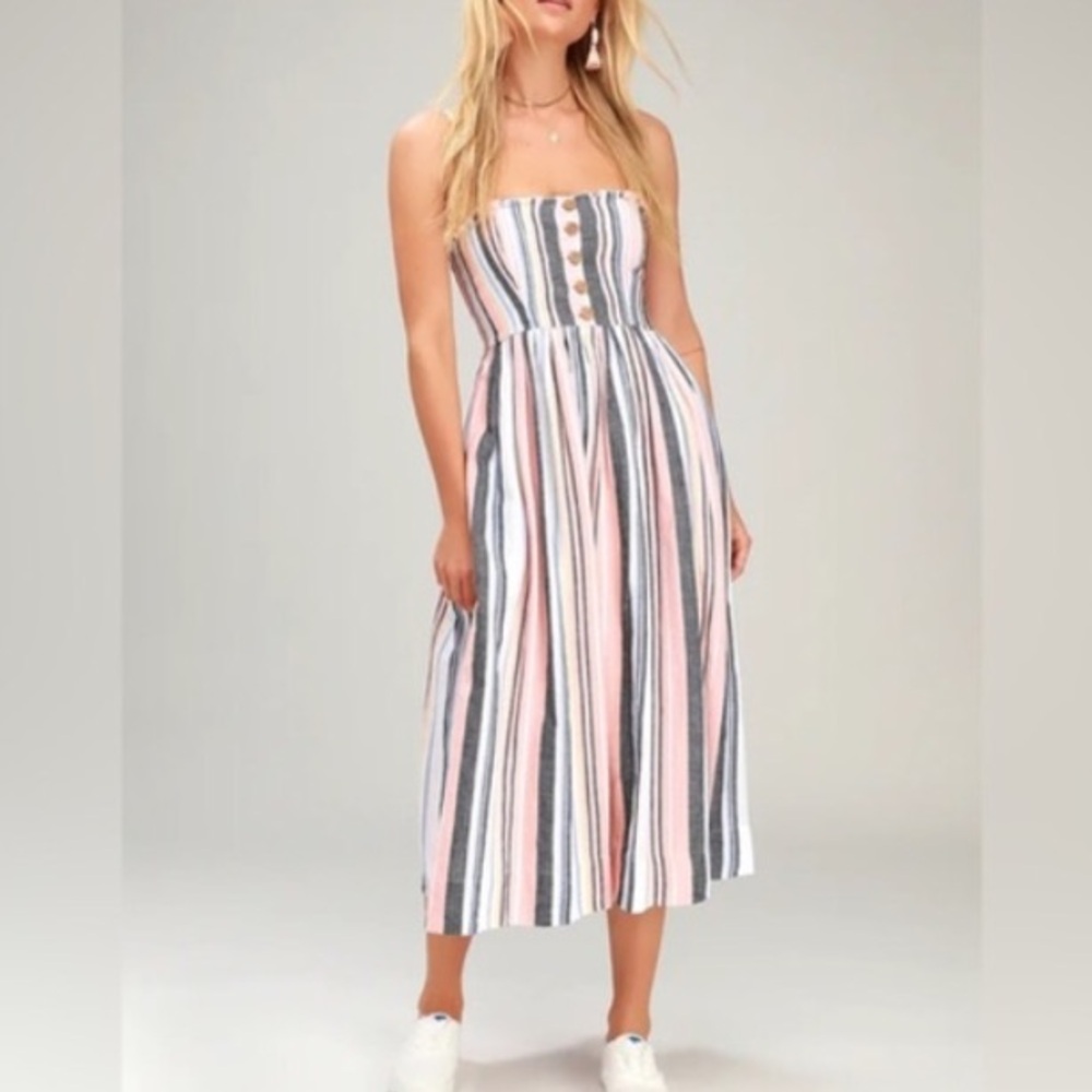 Free People Strapless Striped Midi Dress in Pink, White, and Gray